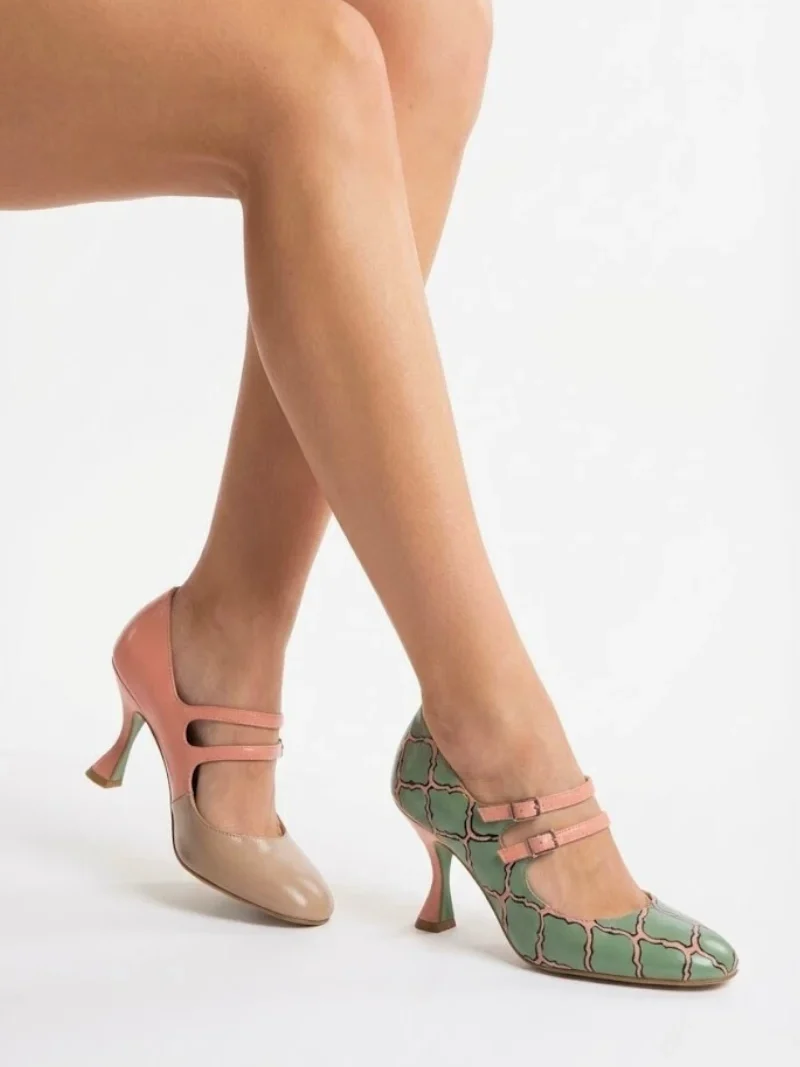 MESSINA Stile Mary Jane a Doppio Cinturino con Tacco Scultoreo-triquetra-scarpe verniciate a mano