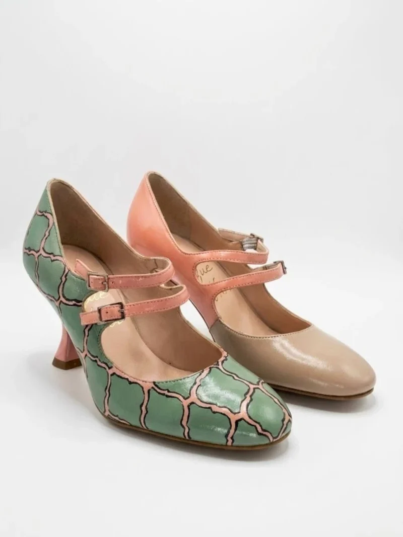 MESSINA Stile Mary Jane a Doppio Cinturino con Tacco Scultoreo-triquetra sicilia- scarpe in pelle vernice italiane