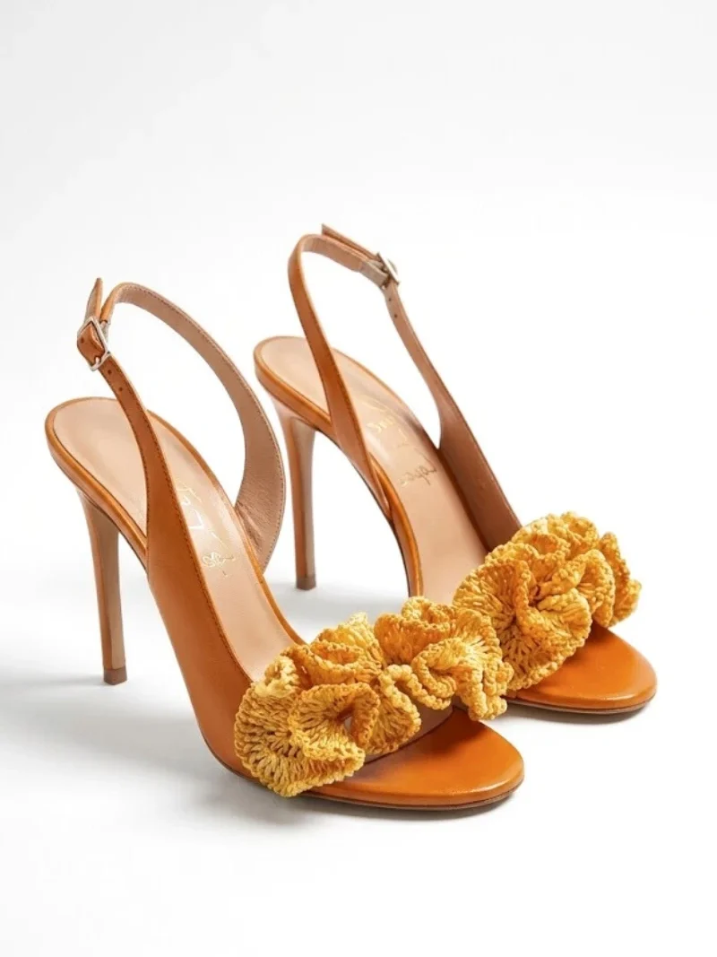 PALERMO Slingback Open Toe in Pelle con Fiore Crochet-triquetra sicilia-vera pelle taromina