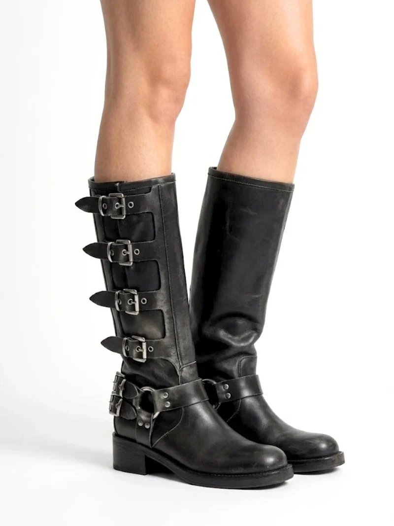 ENNA Stivali in Pelle Nera con Fibbie Metalliche- scarpe taormina - triquetra sicilia