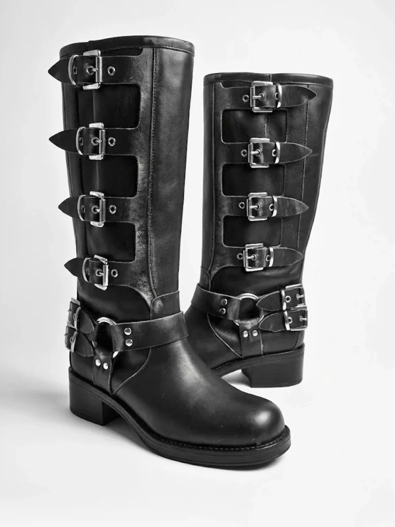 ENNA Stivali in Pelle Nera con Fibbie Metalliche-triquetra sicilia- vera pelle taromina